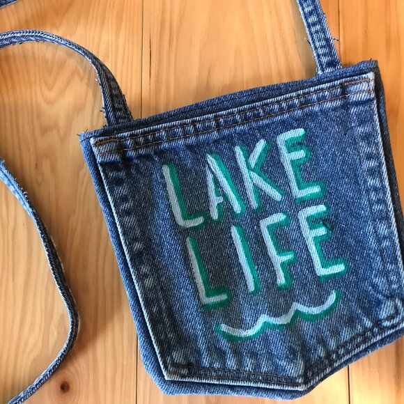 Handmade Crossbody Denim Bag: Painted Lake Life Cell Phone Jean Pocket Purse - Picture 4 of 11
